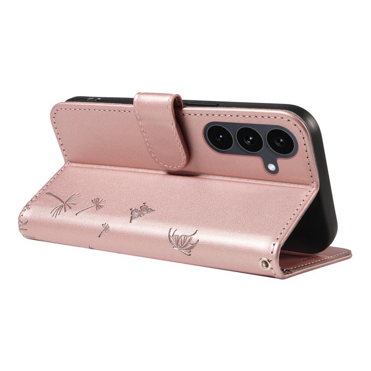 Funda de cuero con tapa y diseño de diente de león en relieve para Samsung Galaxy S25 FE 5G (oro rosa)