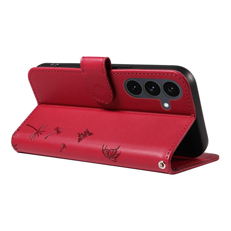 Funda de cuero con tapa y estampado de diente de león en relieve para Samsung Galaxy S25 FE 5G (roja)