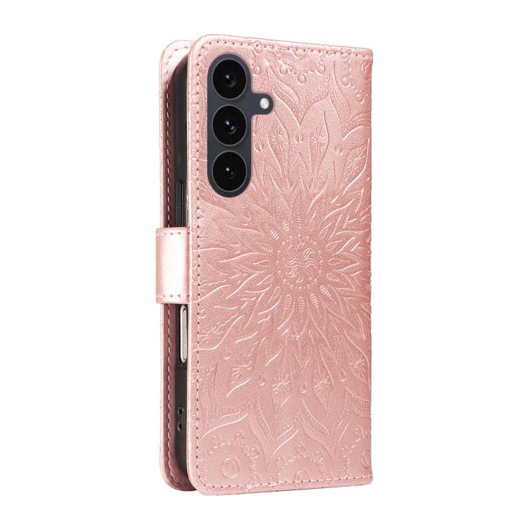 Funda de cuero con tapa y estampado de girasoles en relieve para Samsung Galaxy S25 FE 5G (oro rosa)