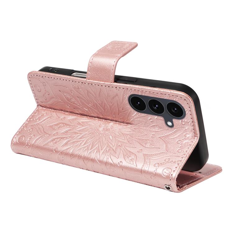 Funda de cuero con tapa y estampado de girasoles en relieve para Samsung Galaxy S25 FE 5G (oro rosa)
