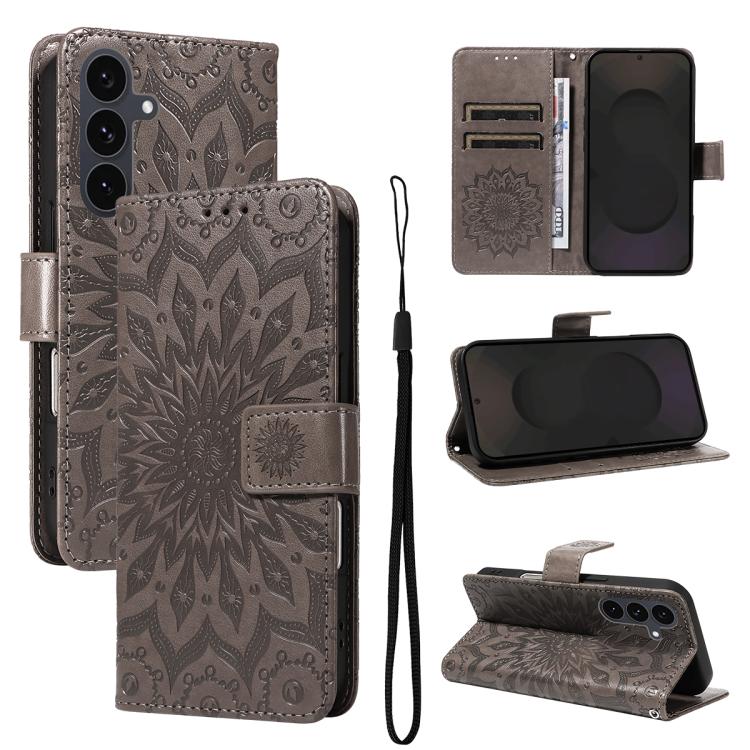 Funda de cuero con tapa y estampado de girasoles en relieve para Samsung Galaxy S25 FE 5G (gris)