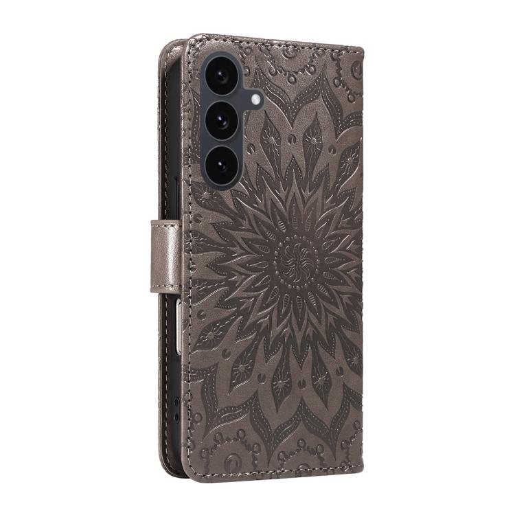 Funda de cuero con tapa y estampado de girasoles en relieve para Samsung Galaxy S25 FE 5G (gris)