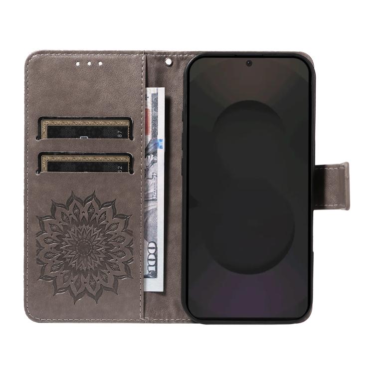 Funda de cuero con tapa y estampado de girasoles en relieve para Samsung Galaxy S25 FE 5G (gris)