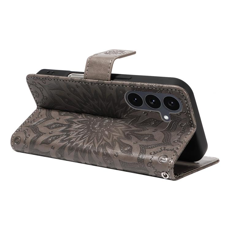 Funda de cuero con tapa y estampado de girasoles en relieve para Samsung Galaxy S25 FE 5G (gris)