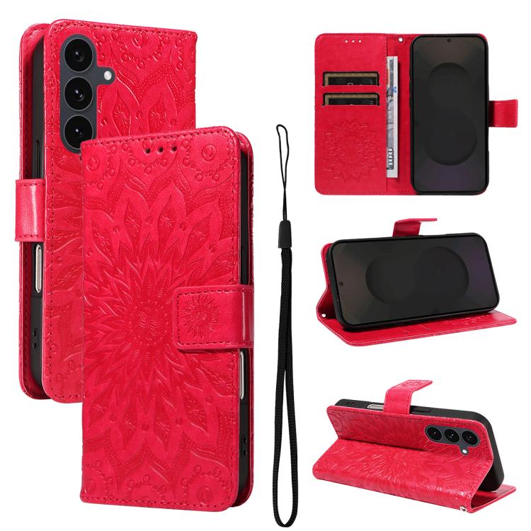 Funda de cuero con tapa y estampado de girasoles en relieve para Samsung Galaxy S25 FE 5G (roja)