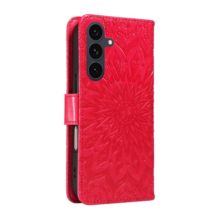 Funda de cuero con tapa y estampado de girasoles en relieve para Samsung Galaxy S25 FE 5G (roja)