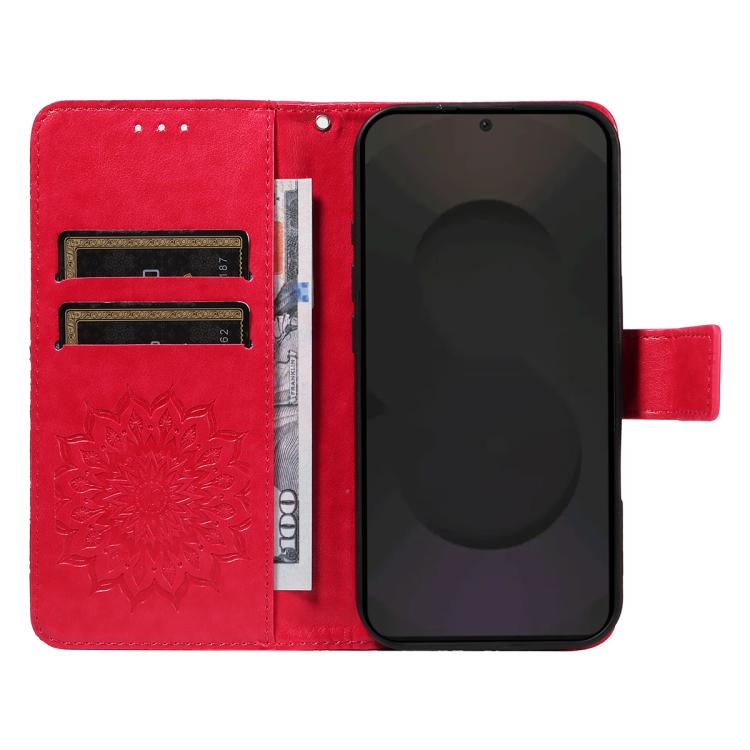 Funda de cuero con tapa y estampado de girasoles en relieve para Samsung Galaxy S25 FE 5G (roja)