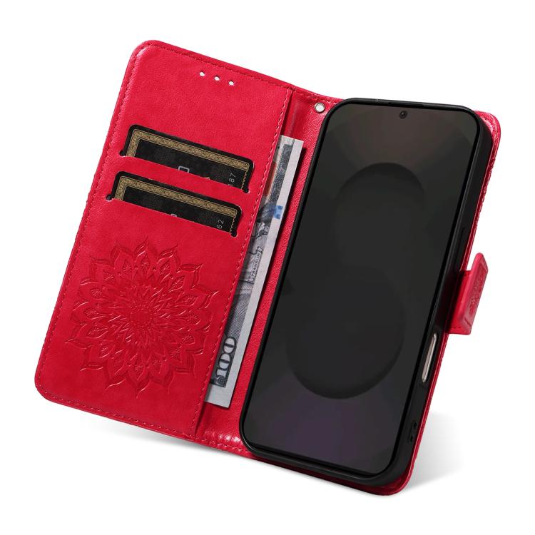 Funda de cuero con tapa y estampado de girasoles en relieve para Samsung Galaxy S25 FE 5G (roja)