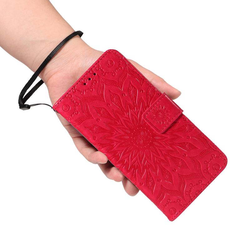 Funda de cuero con tapa y estampado de girasoles en relieve para Samsung Galaxy S25 FE 5G (roja)