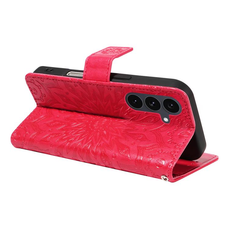 Funda de cuero con tapa y estampado de girasoles en relieve para Samsung Galaxy S25 FE 5G (roja)