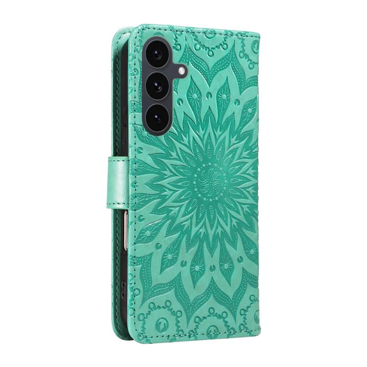 Funda de cuero con tapa y estampado de girasol en relieve para Samsung Galaxy S25 FE 5G (verde)