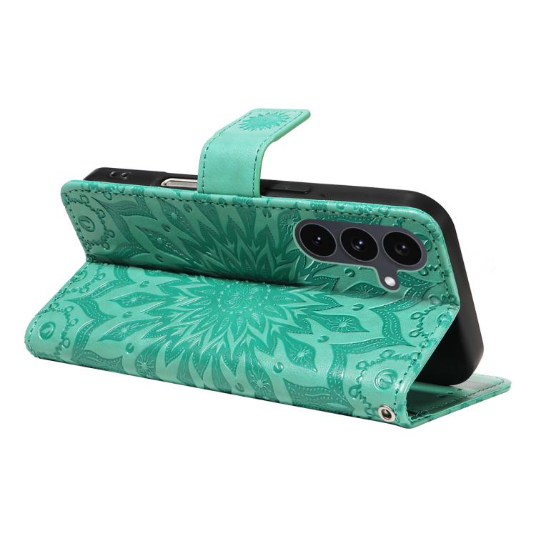 Funda de cuero con tapa y estampado de girasol en relieve para Samsung Galaxy S25 FE 5G (verde)