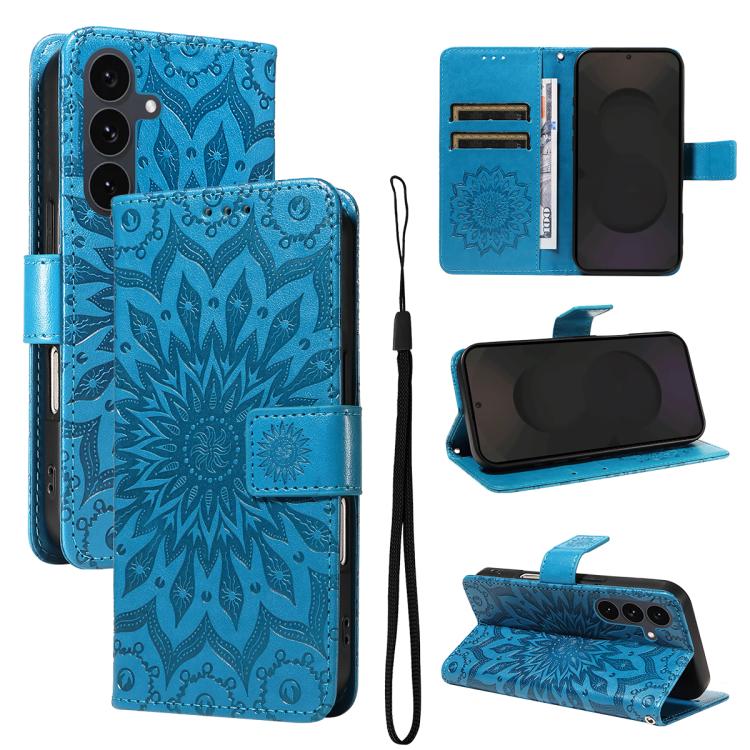 Funda de cuero con tapa y estampado de girasoles en relieve para Samsung Galaxy S25 FE 5G (azul)