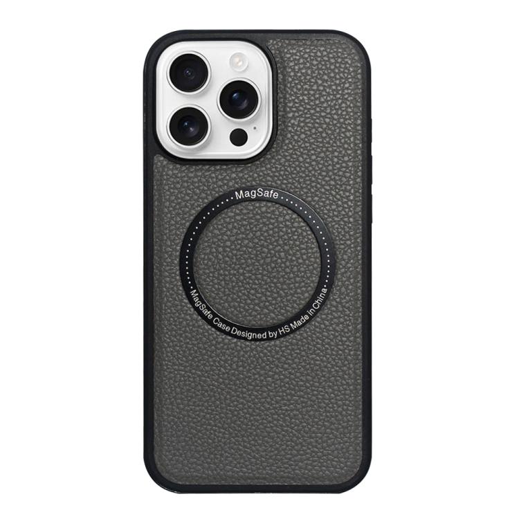 Funda trasera MagSafe de PU con textura de lichi para iPhone 16 Pro Max (gris)