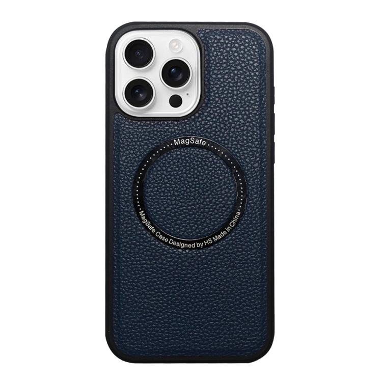Funda trasera MagSafe de PU con textura de lichi para iPhone 16 Pro Max (azul)