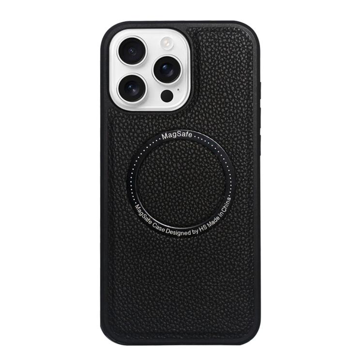 Funda trasera MagSafe de PU con textura de lichi para iPhone 16 Pro Max (negra)
