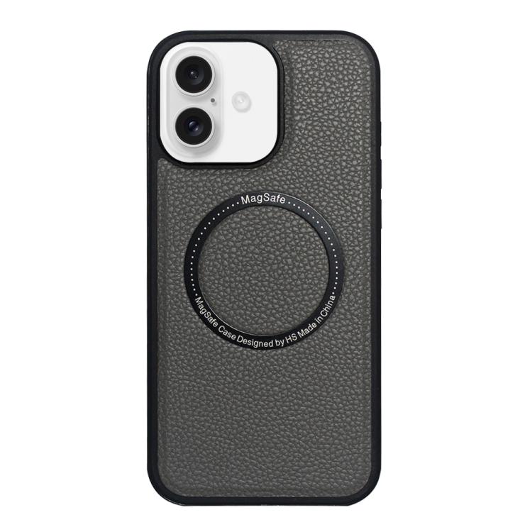 Funda trasera MagSafe de PU con textura de lichi para iPhone 16 (gris)