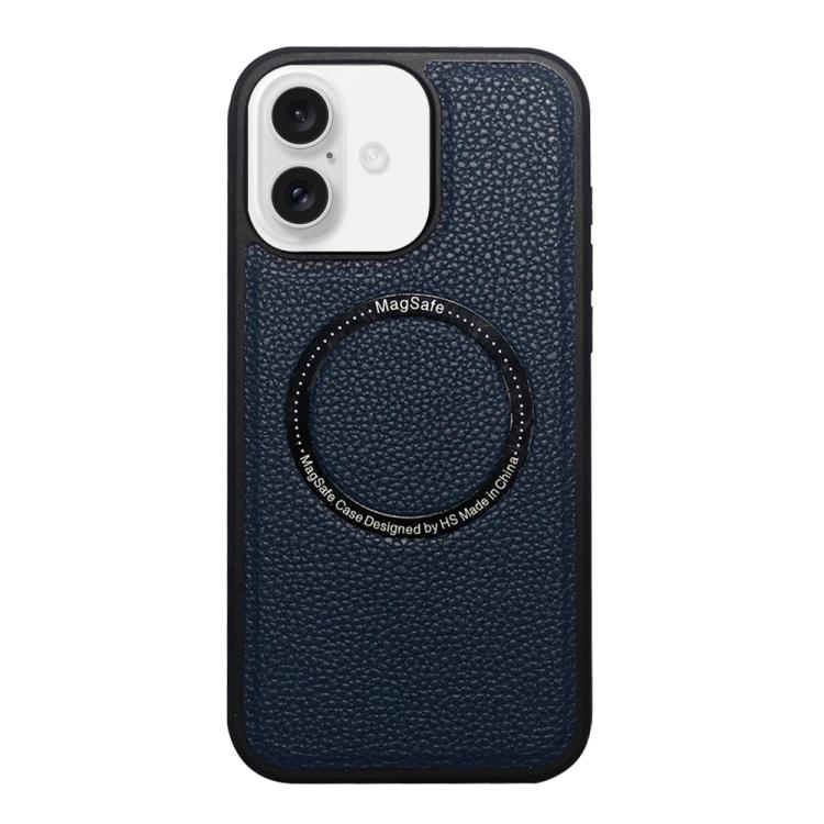 Funda trasera MagSafe de PU con textura de lichi para iPhone 16 (azul)