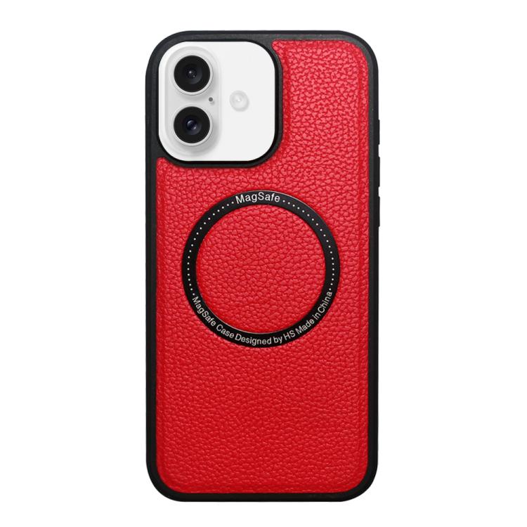 Funda trasera MagSafe de PU con textura de lichi para iPhone 16 (roja)
