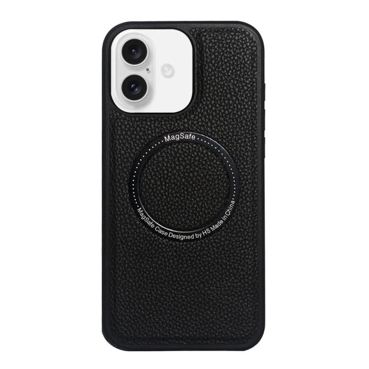 Funda trasera MagSafe de PU con textura de lichi para iPhone 16 (negra)