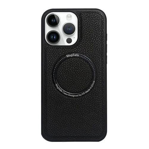 Funda trasera MagSafe de PU con textura de lichi para iPhone 15 Pro Max (negra)