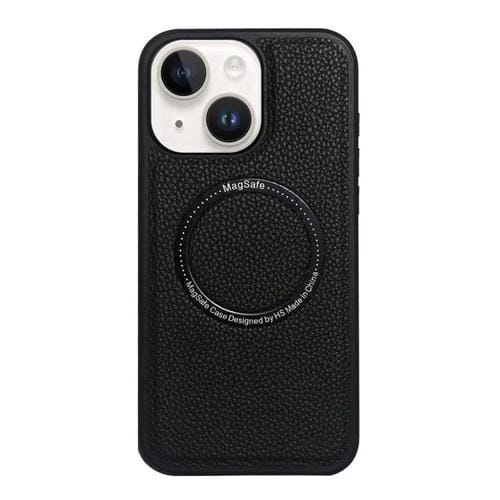 Funda trasera MagSafe de PU con textura de lichi para iPhone 14/13 (negra)