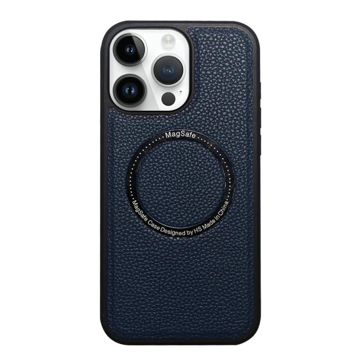 Funda trasera MagSafe de PU con textura de lichi para iPhone 14 Pro Max (azul)
