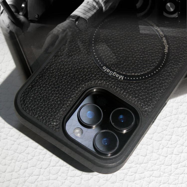Funda trasera MagSafe de PU con textura de lichi para iPhone 15 (negra)