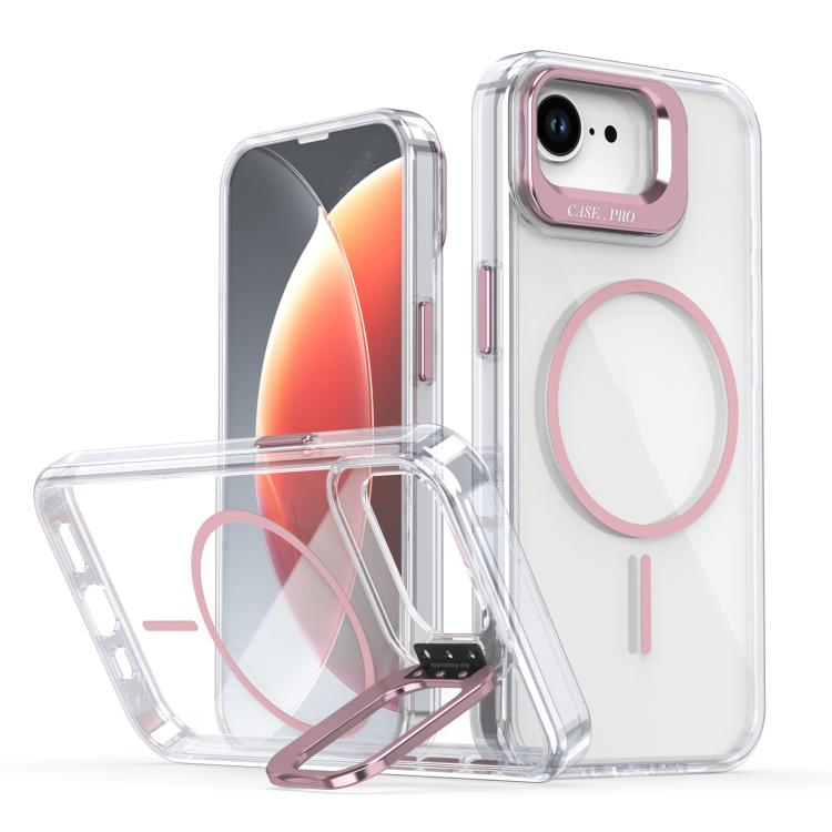 Funda para iPhone 16e con marco de lente MagSafe transparente y brillante (rosa)