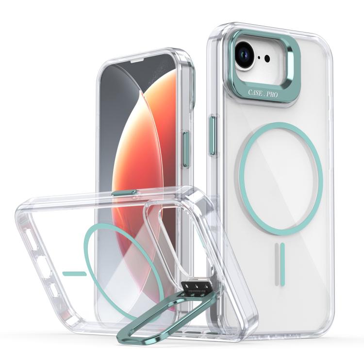 Funda para iPhone 16e con marco de lente MagSafe transparente y brillante (azul)