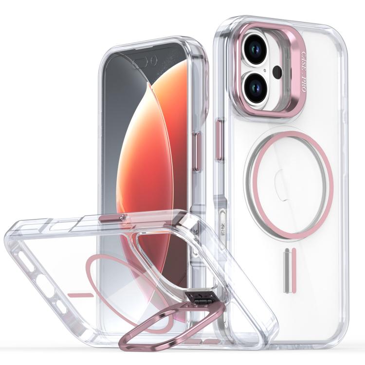 Funda para iPhone 16 con marco de lente MagSafe transparente y brillante (rosa)