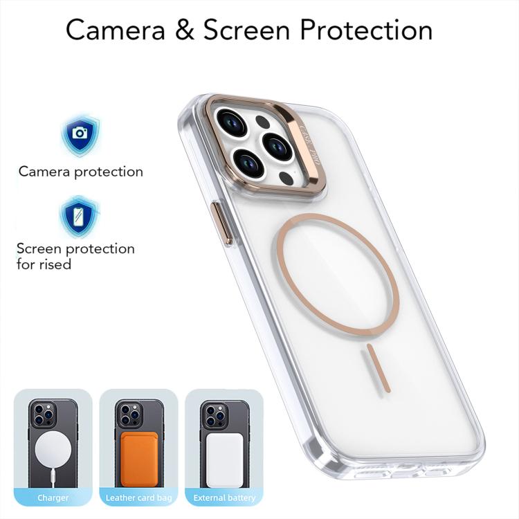 Funda para iPhone 15 Pro con marco de lente MagSafe transparente y brillante (blanco)