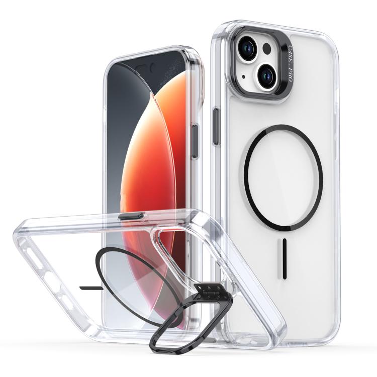 Funda para iPhone 15 Plus con marco de lente MagSafe transparente y brillante (negro)