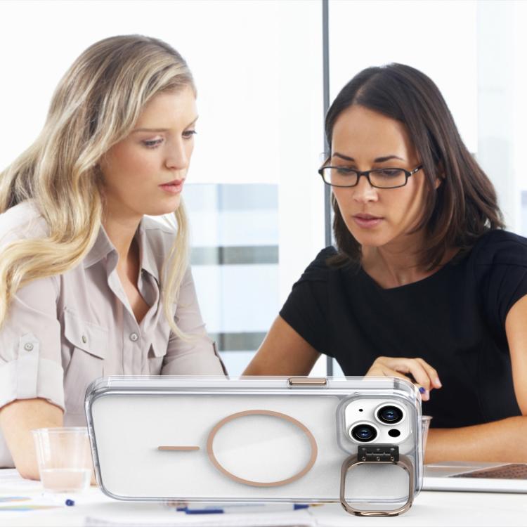 Funda para iPhone 15 con marco de lente MagSafe transparente y brillante (blanco)