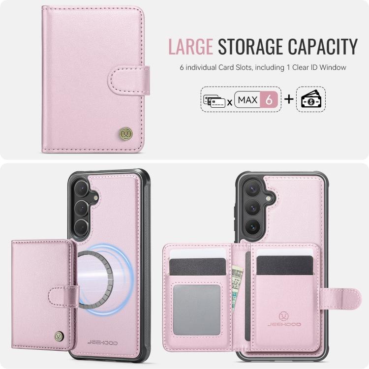Funda de cuero con hebilla magnética para Samsung Galaxy S25+ 5G JEEHOOD J09, con ranuras para tarjetas, estilo RFID y MagSafe (rosa)