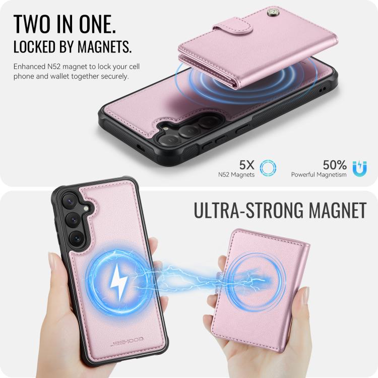 Funda de cuero con hebilla magnética para Samsung Galaxy S25+ 5G JEEHOOD J09, con ranuras para tarjetas, estilo RFID y MagSafe (rosa)