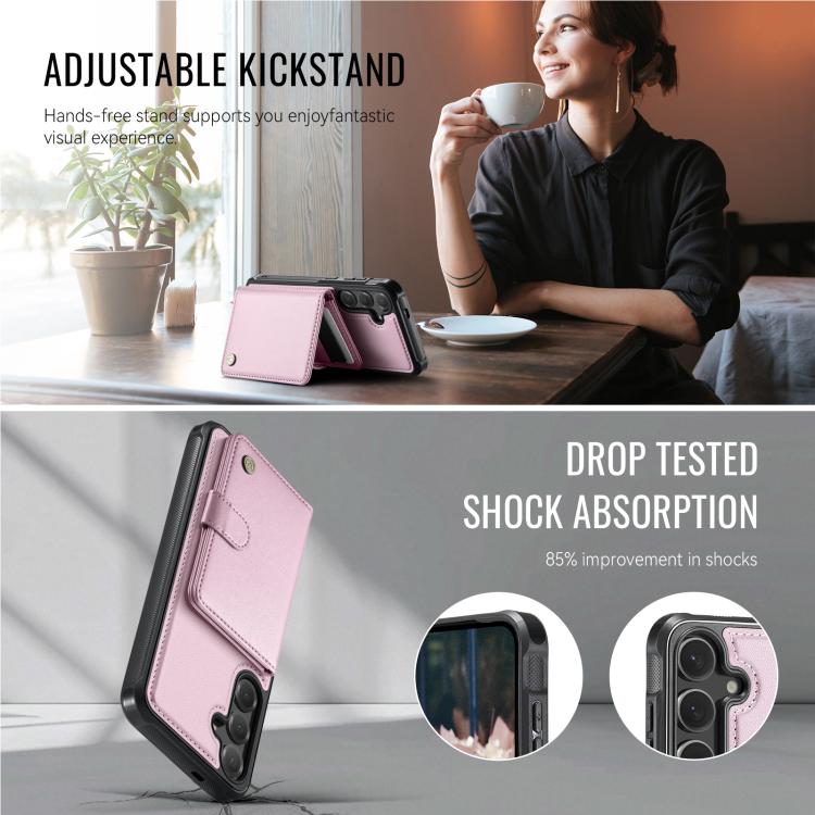Funda de cuero con hebilla magnética para Samsung Galaxy S25+ 5G JEEHOOD J09, con ranuras para tarjetas, estilo RFID y MagSafe (rosa)