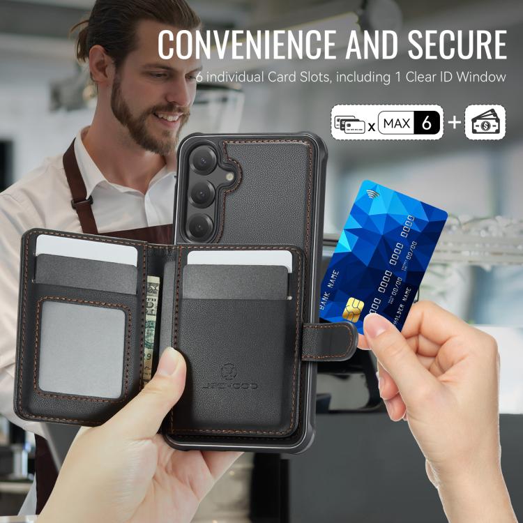 Funda de cuero con hebilla magnética para Samsung Galaxy S25+ 5G JEEHOOD J09, con ranuras para tarjetas, estilo RFID y MagSafe (negra)
