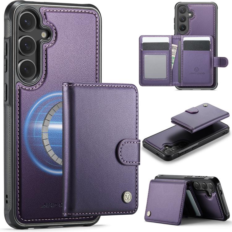 Funda de cuero con hebilla magnética para Samsung Galaxy S25 5G JEEHOOD J09, con ranuras para tarjetas, MagSafe, RFID (morado)