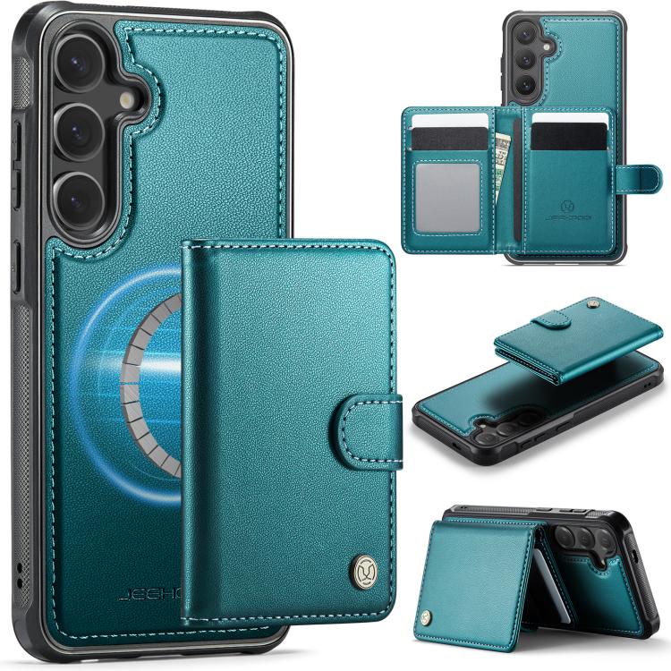 Funda de cuero con hebilla magnética para Samsung Galaxy S25 5G JEEHOOD J09, con ranuras para tarjetas, MagSafe, RFID (verde)