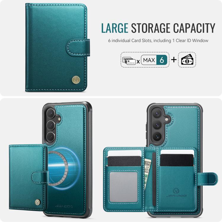 Funda de cuero con hebilla magnética para Samsung Galaxy S25 5G JEEHOOD J09, con ranuras para tarjetas, MagSafe, RFID (verde)