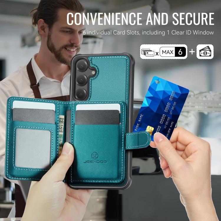 Funda de cuero con hebilla magnética para Samsung Galaxy S25 5G JEEHOOD J09, con ranuras para tarjetas, MagSafe, RFID (verde)