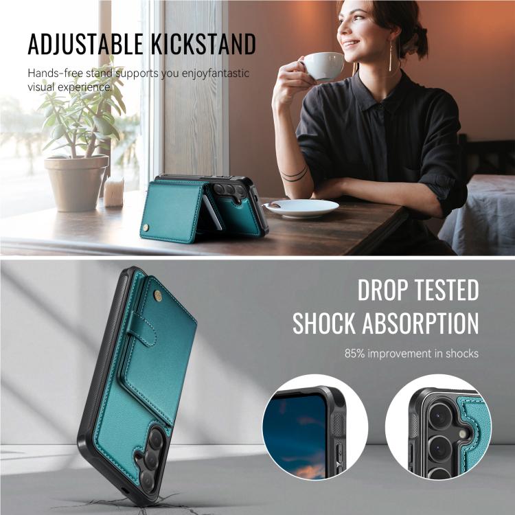 Funda de cuero con hebilla magnética para Samsung Galaxy S25 5G JEEHOOD J09, con ranuras para tarjetas, MagSafe, RFID (verde)