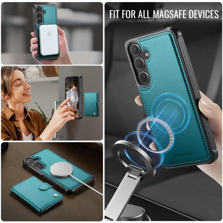 Funda de cuero con hebilla magnética para Samsung Galaxy S25 5G JEEHOOD J09, con ranuras para tarjetas, MagSafe, RFID (verde)