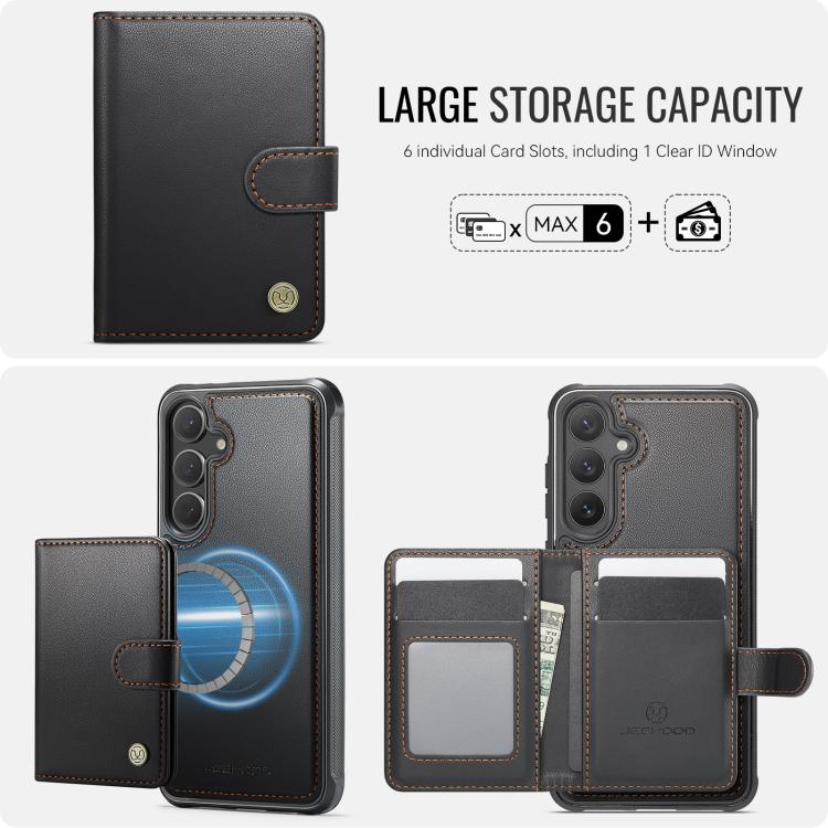 Funda de cuero con hebilla magnética para Samsung Galaxy S25 5G JEEHOOD J09, con ranuras para tarjetas, MagSafe, RFID (negro)