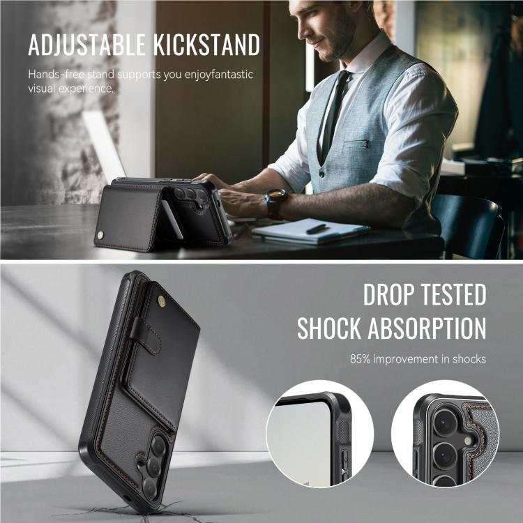 Funda de cuero con hebilla magnética para Samsung Galaxy S25 5G JEEHOOD J09, con ranuras para tarjetas, MagSafe, RFID (negro)