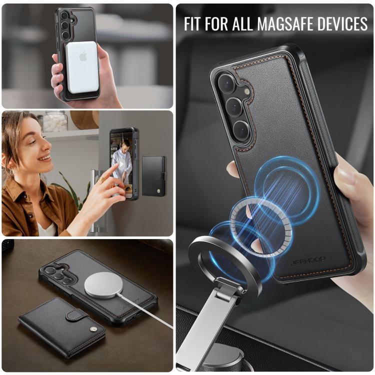 Funda de cuero con hebilla magnética para Samsung Galaxy S25 5G JEEHOOD J09, con ranuras para tarjetas, MagSafe, RFID (negro)