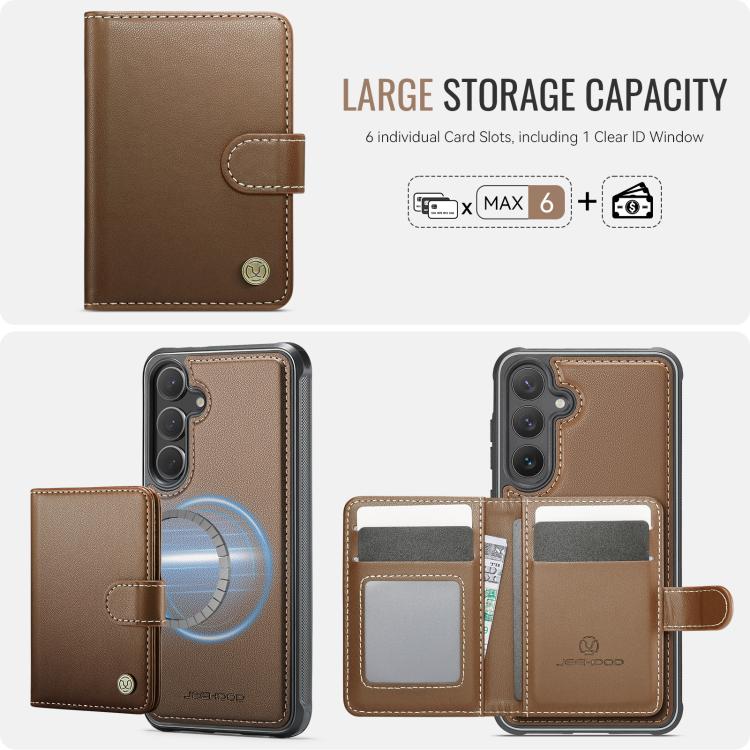 Funda de cuero con hebilla magnética para Samsung Galaxy S24+ 5G JEEHOOD J09, con ranuras para tarjetas, estilo RFID y MagSafe (marrón)