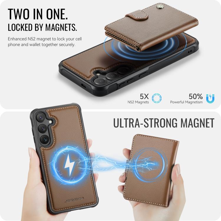 Funda de cuero con hebilla magnética para Samsung Galaxy S24+ 5G JEEHOOD J09, con ranuras para tarjetas, estilo RFID y MagSafe (marrón)