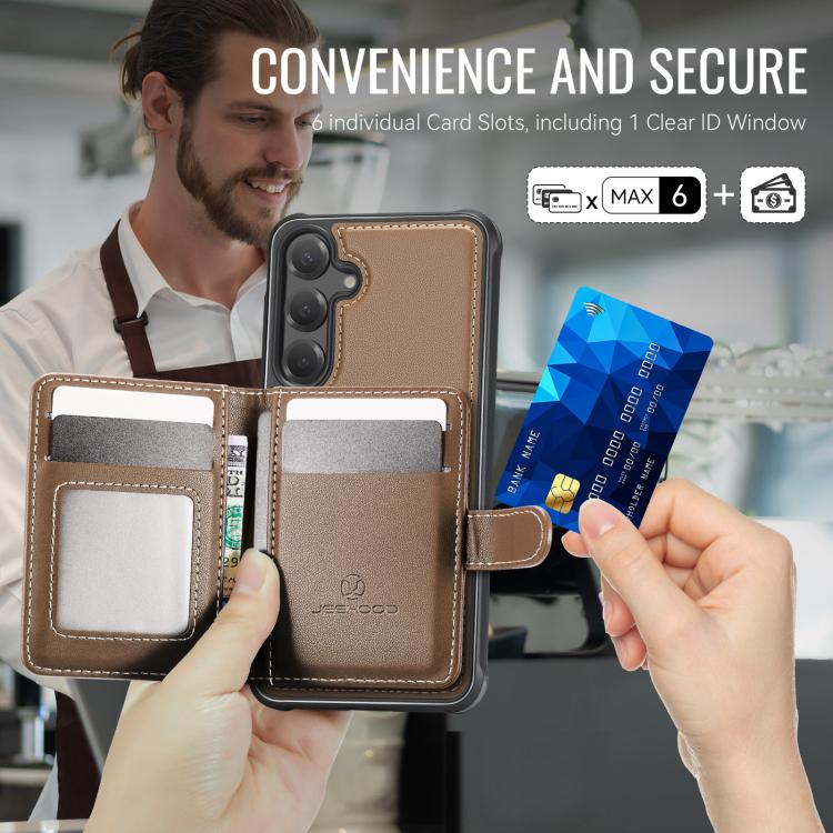 Funda de cuero con hebilla magnética para Samsung Galaxy S24+ 5G JEEHOOD J09, con ranuras para tarjetas, estilo RFID y MagSafe (marrón)